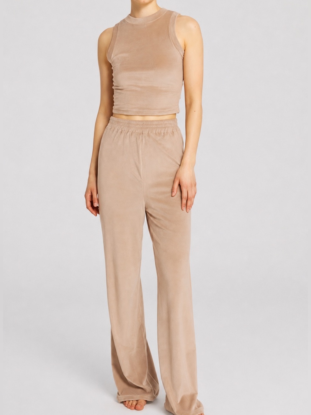 SKIMS Velour Matching Lounge Set Honey Crew Neck Cropped Tank Wide Leg Pants M